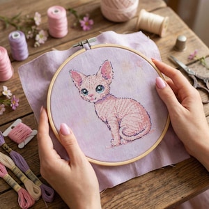 Puede incluir: Un bordado de punto de cruz de un gato Sphynx en un bastidor de madera. El gato es rosa con ojos azules, bordado sobre una tela lavanda. Hilos de bordar rosas y morados, tijeras y flores están dispuestos alrededor del bastidor sobre una superficie de madera.