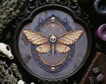 Dark Fantasy Cross Stitch Pattern: Mystic Moth & Skulls Tarot Embroidery (PDF)