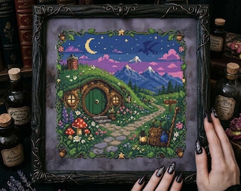 Woodland Hobbit Cross Stitch Pattern: Green Door Cottage Moon Garden Embroidery (PDF)