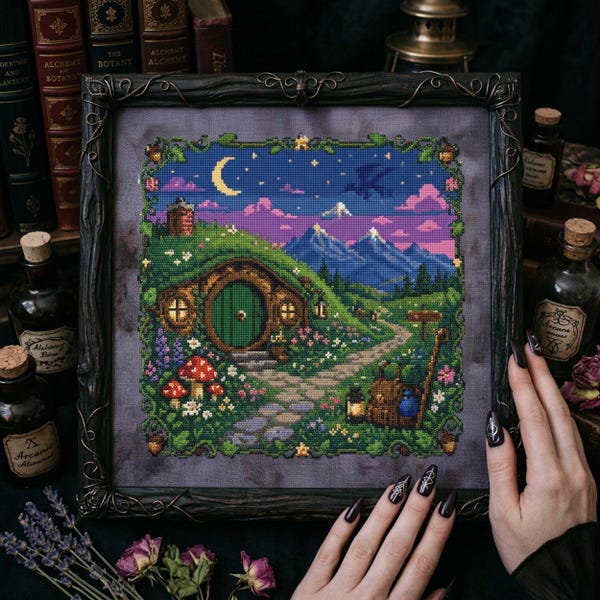Woodland Hobbit Cross Stitch Pattern: Green Door Cottage Moon Garden Embroidery (PDF)