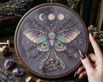 Pastel Luna Moth Cross Stitch Pattern: Moon Phases Fantasy Embroidery Design (PDF)