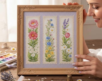 Floral Bookmark Set Cross Stitch Pattern: Spring Flowers Vertical Panel Embroidery (PDF)