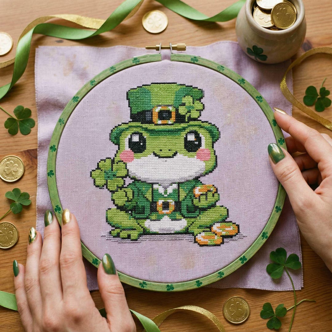 Lucky Frog Cross Stitch Pattern St Patrick s Day Shamrock Leprechaun lucky-frog-cross-stitch-pattern-st-patrick-s-day-shamrock-leprechaun