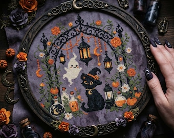 Halloween Witch Cat Cross Stitch Pattern: Black Cat Ghost Pumpkins & Spooky Garden Embroidery (PDF)