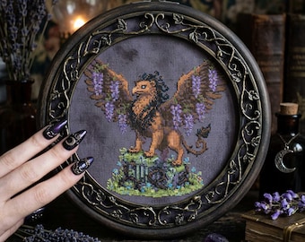 Mythical Griffin Cross Stitch Pattern: Winged Beast Floral Fantasy Embroidery (PDF)