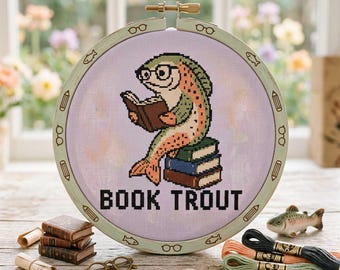 Book Trout Cross Stitch Pattern: Funny Reading Fish Nerd Glasses Book Lover Embroidery (PDF)