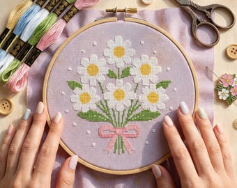 Flower Cross Stitch Pattern: Daisy Bouquet with Bow Round Embroidery (PDF)