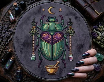 Mystic Beetle Cross Stitch Pattern: Alchemy Insect Potion Gothic Embroidery Design (PDF)