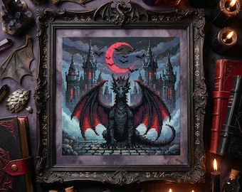 Nachtdrache Kreuzstich Stickmuster: Fantasy Drache Schlossmotiv Stickdatei (PDF)