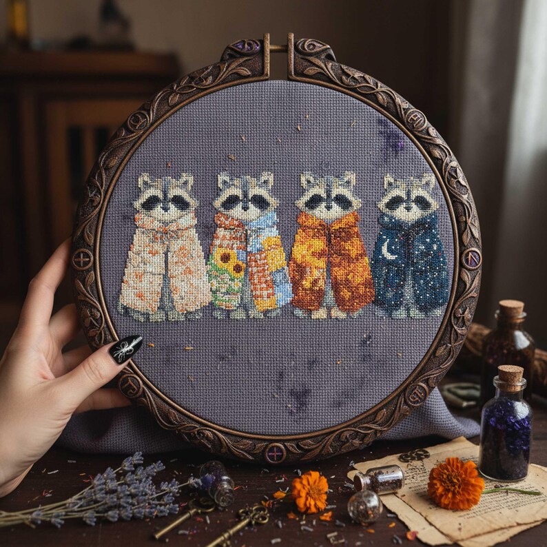 Spring Raccoon Pattern Four Seasonal Raccoon Cross Stitch Pattern: Spring Summer Autumn Winter ...