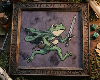 Frog Warrior Cross Stitch Pattern: Fantasy Knight Frog with Sword Embroidery (PDF)