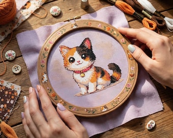 Patrón de punto de cruz de gato calicó: bordado de mascota gatito sentado (PDF)