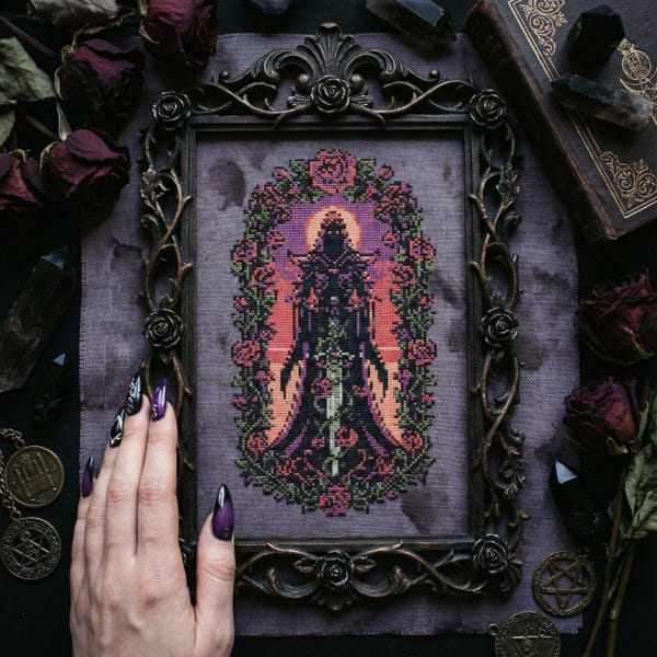 Gothic Tarot Cross Stitch Pattern: Veiled Figure with Roses Dark Fantasy Embroidery (PDF)