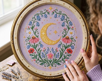 Moonlit Wildflower Cross Stitch Pattern: Crescent Moon Floral Garden Embroidery (PDF)