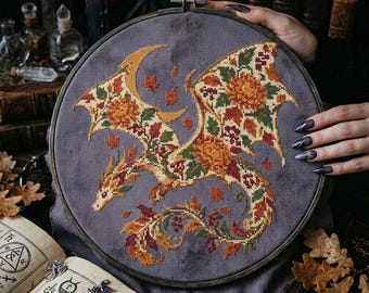 Autumn Dragon Cross Stitch Pattern: Fall Leaf Floral Fantasy Chrysanthemum Leaf Embroidery (PDF)