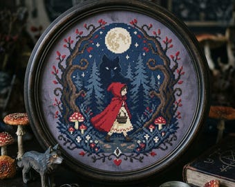 Little Red Riding Hood Cross Stitch Pattern: Moonlit Wolf Forest Fairy Tale Embroidery (PDF)