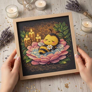 以下が含まれることがあります： 花の上で眠っている蜂を描いた、額入りのクロスステッチアート。 蜂は黄色と黒で、ピンクと青の花の上にいます。 背景は暗く、ろうそくと緑があります。 フレームは明るい茶色です。