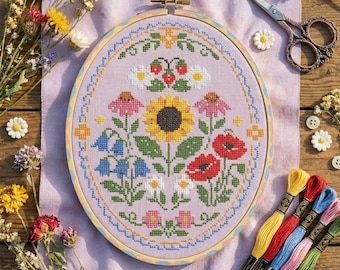 Wildflower Cross Stitch Pattern: Sunflower Floral Oval Wall Decor Embroidery (PDF)