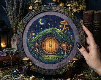 Enchanted Forest Cottage Cross Stitch Pattern: Glowing Hobbit House Night Embroidery (PDF)