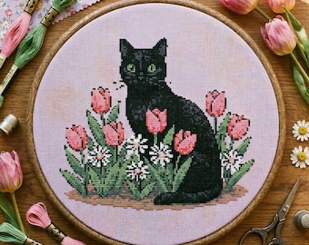 Elegant Black Cat Cross Stitch Pattern: Floral Garden Spring Embroidery (PDF)