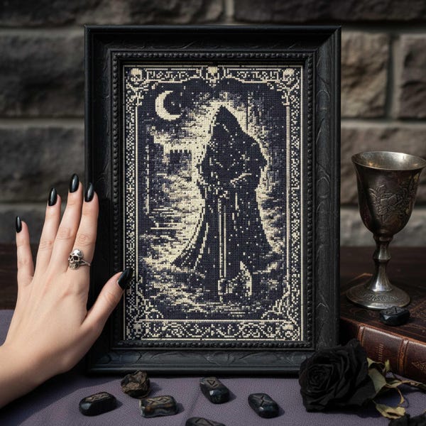 Gothic Tarot Cross Stitch Pattern: The Wanderer Dark Night Occult Embroidery (PDF)