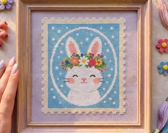 Floral Bunny Portrait Cross Stitch Pattern: Spring Rabbit Cottagecore Embroidery (PDF)