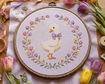 Floral Goose Bow Cross Stitch Pattern: Easter Woodland Spring Wreath Flowers Embroidery (PDF)