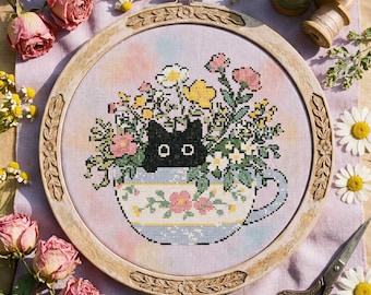 Cat in Floral Teacup Cross Stitch Pattern: Cottagecore Garden Embroidery (PDF)