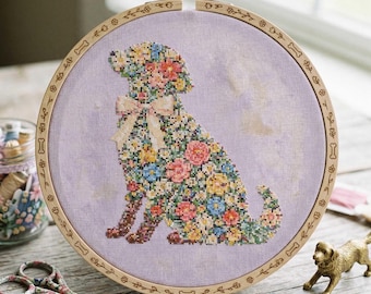 Floral Dog Cross Stitch Pattern: Cottage Garden Puppy Silhouette Spring Embroidery PDF