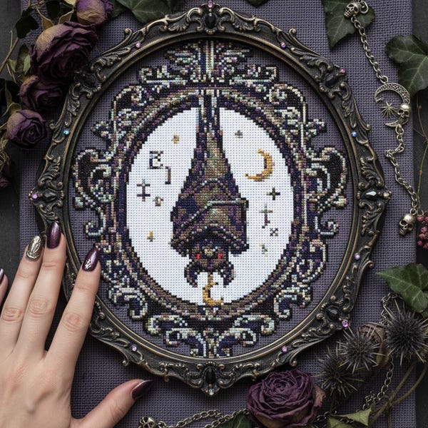 Gothic Tarot Cross Stitch Pattern: Sacred Bell Night Symbol Dark Fantasy Embroidery (PDF)