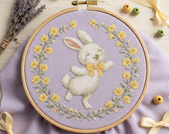 Easter Bunny Cross Stitch Pattern: Floral Wreath Dancing Rabbit Embroidery PDF