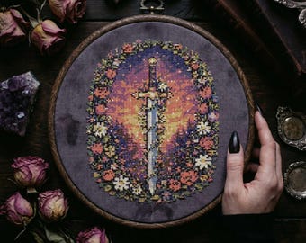 Patrón de punto de cruz de espada medieval: Bordado circular floral de espada legendaria (PDF)