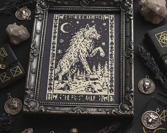 Mystical Wolf Cross Stitch Pattern: Moonlit Wolf Blackwork Style Embroidery (PDF)