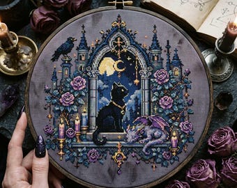 Gothic Moon Black Cat Cross Stitch Pattern: Sleeping Dragon & Raven Gothic Embroidery PDF