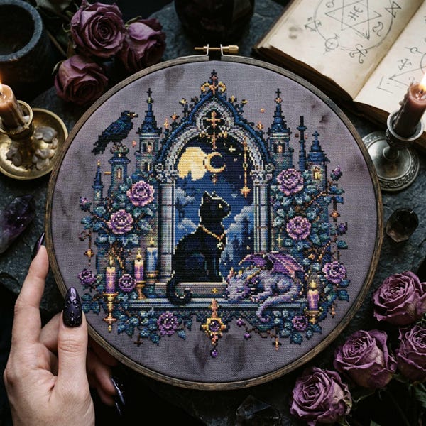 Gothic Moon Black Cat Cross Stitch Pattern: Sleeping Dragon & Raven Gothic Embroidery PDF