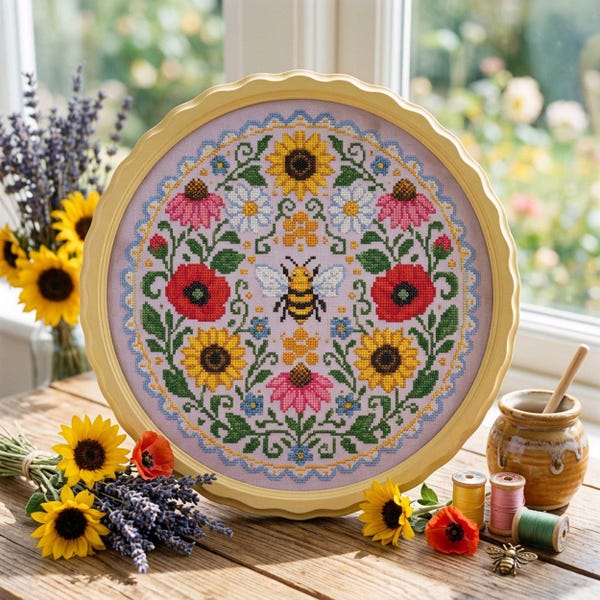 Moonlit Wildflower Cross Stitch Pattern: Crescent Moon Floral Garden Embroidery (PDF)