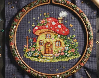 春のきのこコテージクロスステッチパターン：妖精のファンタジーガーデンハウスきのこ刺繍（PDF）