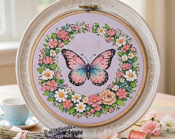 Op de afbeelding: Een ingelijste kruissteekborduurwerk met een vlinder met roze en blauwe vleugels, omringd door een bloemenkrans. De borduurwerk is geplaatst in een ronde, witte, sierlijke lijst. Extra items zijn een kopje thee, lavendel en naaispullen.