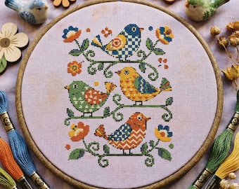 Colorful Bird Cross Stitch Pattern: Folk Style Floral Garden Embroidery (PDF)