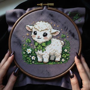 May include: A cross-stitch embroidery of a cute lamb wearing a green scarf, surrounded by white flowers and green foliage. The lamb is set against a purple background within a wooden embroidery hoop. The artwork is held by hands with dark nail polish.