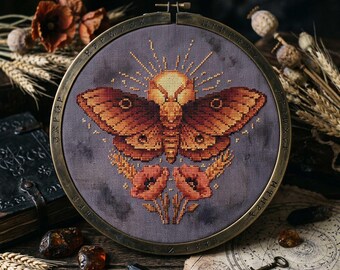 Golden Death Moth Cross Stitch Pattern: Celestial Sun Boho Gothic Embroidery (PDF)