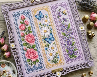 Flower Bookmark Cross Stitch Pattern: Rose Daisy Butterfly Purple Floral Embroidery (PDF)