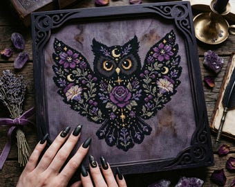 Gothic Owl Cross Stitch Pattern: Purple Floral Moon Fantasy Dark Fantasy Embroidery PDF