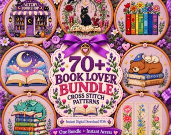 Book Lover 70+ Cross Stitch Bundle, Bookshop Bookmark Cozy Reading Patterns, Floral Fantasy PDF