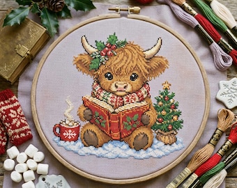 Christmas Highland Cow Cross Stitch Pattern: Holiday Reading Book Winter Embroidery (PDF)