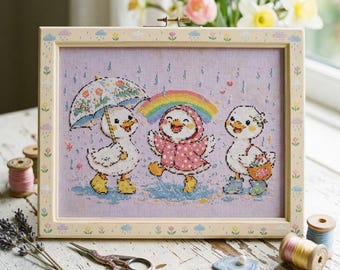 Patrón de punto de cruz de la familia de patos de primavera: Bordado infantil con arcoíris en un día lluvioso (PDF)