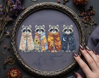 Patrón de punto de cruz de mapache para las cuatro estaciones: bordado de bosque primavera-verano, otoño-invierno (PDF)