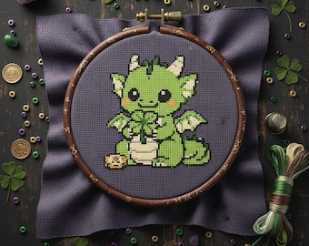 Lucky Dragon Cross Stitch Pattern: Green Dragon Good Luck Embroidery (PDF)