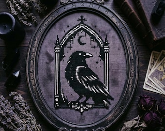 Patrón de punto de cruz de cuervo gótico: bordado de vidriera de catedral de luna oscura (PDF)