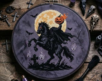 Headless Horseman Cross Stitch Pattern: Halloween Pumpkin Rider Embroidery (PDF)